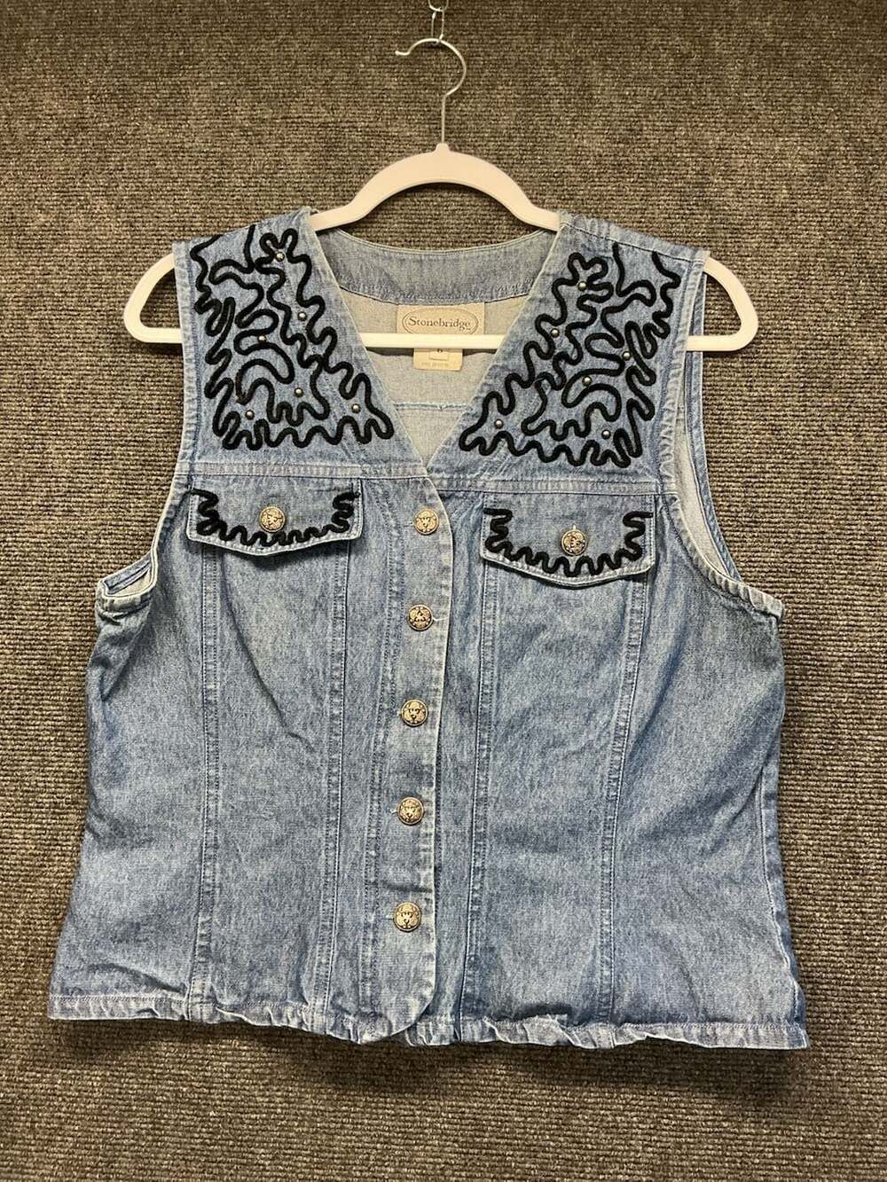 Vintage Stonebridge Embroidered Denim Vest with Lion Buttons